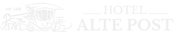 Logo des Hotels Alte Post, mit einer stilisierten Kutsche und dem Text 'HOTEL ALTE POST'.